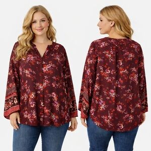 TAHARI Blouse Womens Plus Size 3X Burgundy Floral Boho Romantic Festival Earthy
